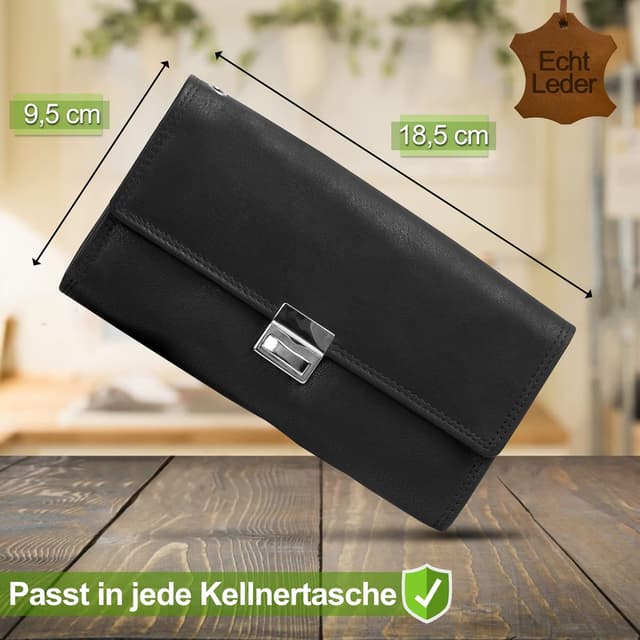 Detalle 2 de FLEXIBILITE Kellner-Geldbörse aus echtem Leder mit RFID, Schwarz – Kellnerportemonnaie (18,5 x 9,5 x 4,5 cm)