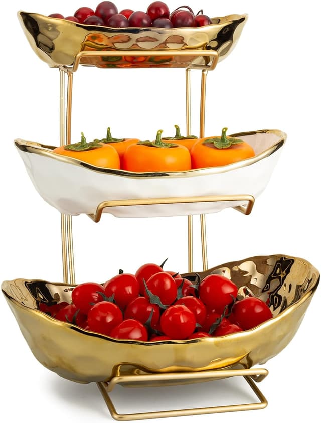 Detalle de YYW 3-Tier Ceramic Fruit Bowl Stand (White & Gold) for Countertop Storage