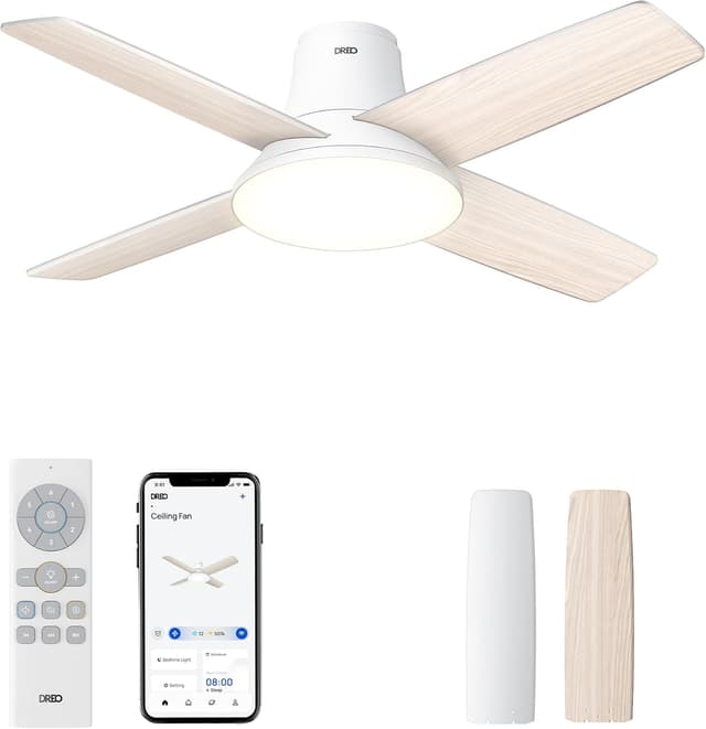 Detalle de Dreo 44 in Smart Flush Mount Ceiling Fan with Lights, 12 Speeds, Quiet DC Motor, Dimmable LED, Remote & App