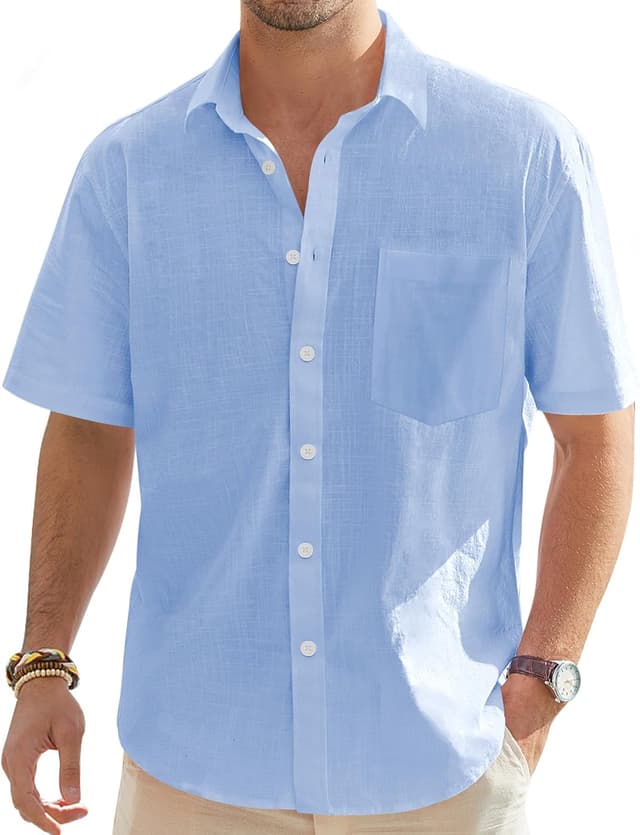 Detalle de J.VER men’s short sleeve linen shirt (regular fit) with pocket