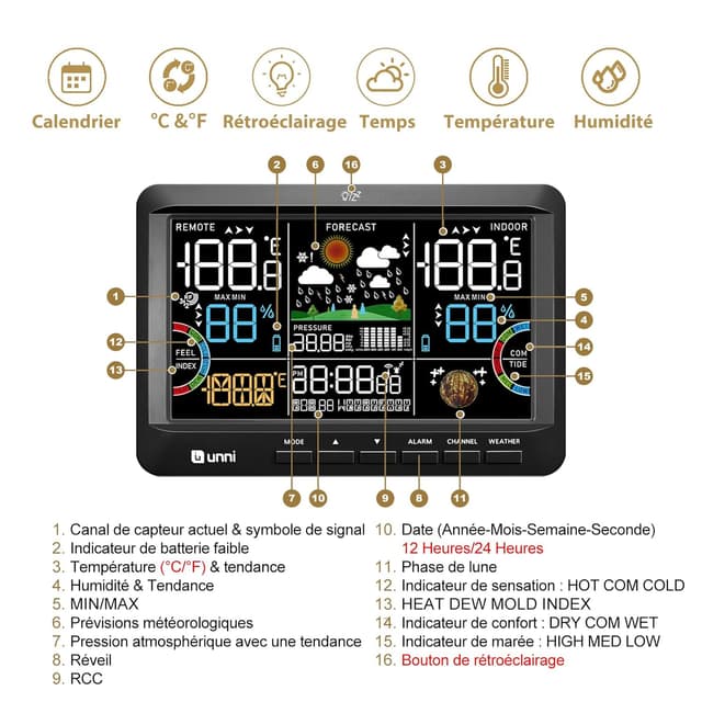 Detalle de Station météo sans fil BLA : thermomètre intérieur/extérieur avec hygromètre, chaleur rosée et rétroéclairage réglable