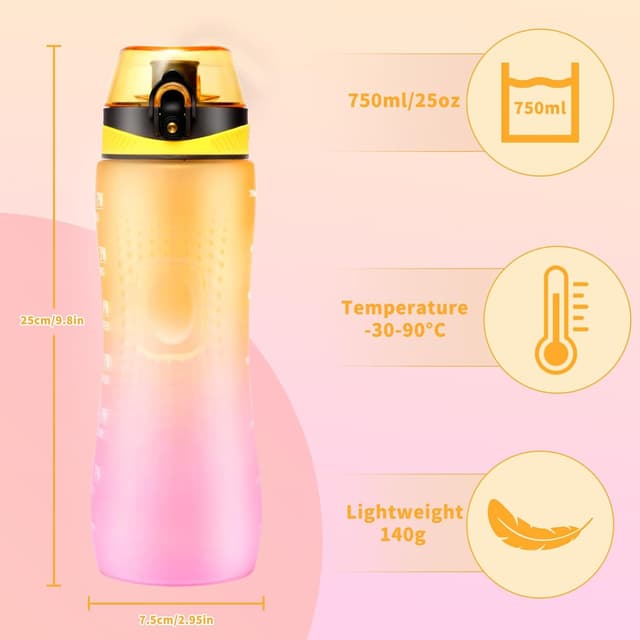 Detalle 1 de Binudum Motivations-Trinkflasche mit Zeitmarkierung (Tritan, BPA-frei), auslaufsicher – 750 ml