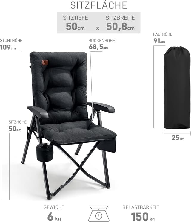 Detalle de EVER ADVANCED Campingstuhl faltbar mit 4-fach verstellbarer Rückenlehne bis 150 kg