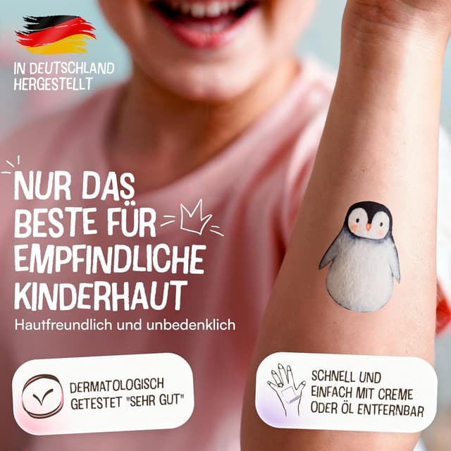 Detalle de Lunablu 120 hautfreundliche Kinder Tattoos (dermatologisch zertifiziert) – bunte Tier-Motive, Made in Germany