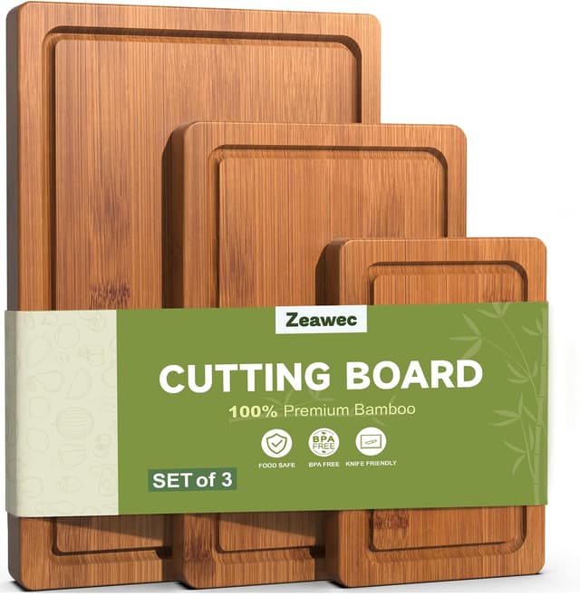 Detalle de Zeawec 3-Piece Bamboo Cutting Board Set with Deep Juice Grooves (Carbonized)