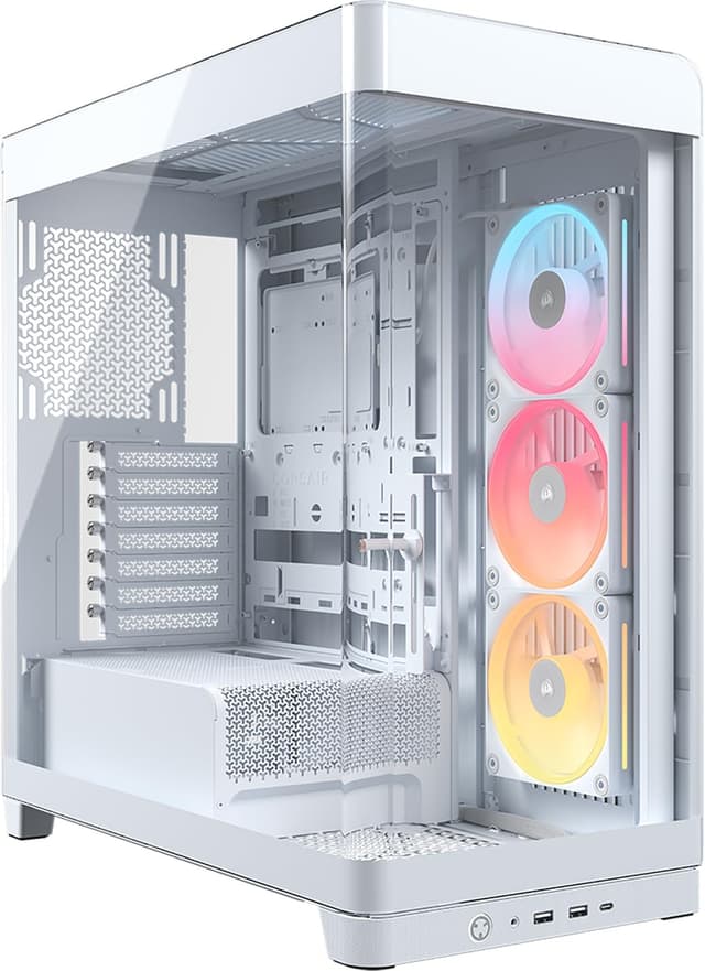 Detalle de CORSAIR iCUE FRAME 4500X LX-R RGB LINK Case Mid-Tower bianco con vetro panoramico e ventole LX120R