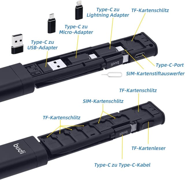 Detalle de Mcbazel Budi 9-in-1 Multi-Kabel- & Karten-Converter-Stick (USB, SD/TF, SIM) mit Typ-C-Adapter