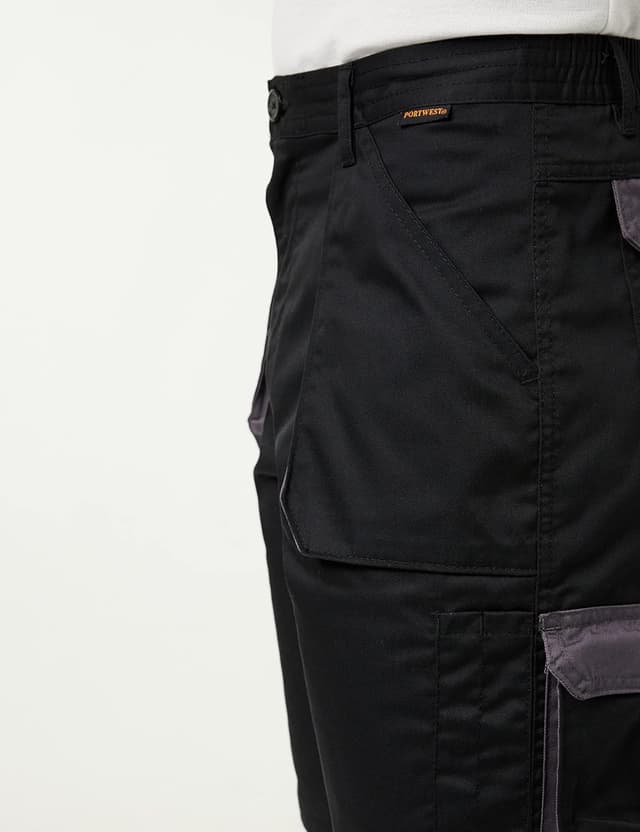 Detalle de Portwest TX14 Texo Contrast Work Shorts with 7 Pockets (Elastic Waist) – Black, Medium