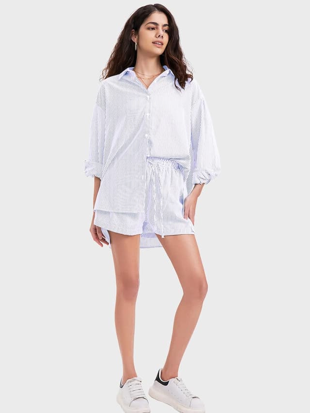 Detalle 1 de EXLURA Women’s Cotton Summer 2-Piece Set (Long Sleeve Button-Down Shirt + High-Waist Shorts)