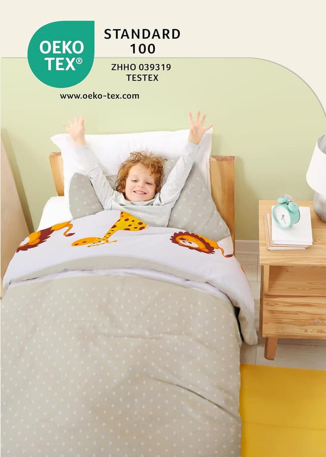 Detalle 2 de Gräfenstayn® 2-tlg. Kinderbettwäsche-Set Giraffe & Löwe, 100% Baumwolle Renforcé, mit integriertem Reißverschluss (135x100 & 60x40)