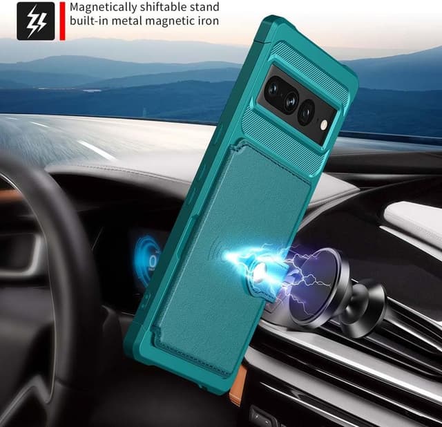 Detalle 2 de XYZNTMF Flip Wallet Case for Google Pixel 7 Pro (Cyan) with Card Holder, Magnetic Clasp & Kickstand