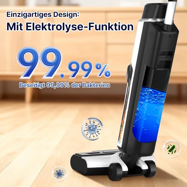 Detalle de Hearten Nass Trockensauger Akku mit Wischfunktion, Elektrolyse-Wasser und Selbstreinigung (LED-Display, Sprachansage)