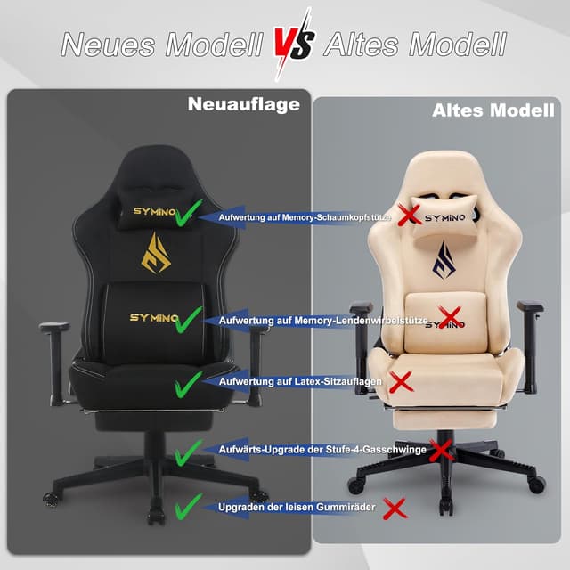 Thumbnail 6 de Symino Gaming-Stuhl mit Latex-Sitzkissen, Memory-Schaum-Lendenstütze & 300 kg Belastbarkeit – schwarz
