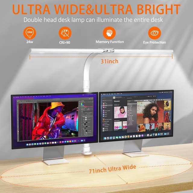 Detalle 2 de LOTTBUTY 24W Double-Head LED Desk Lamp (Clamp, Eye Protection, 25 Modes) – L-White