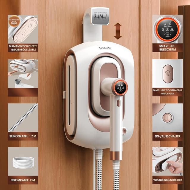 Detalle 2 de Newbealer Dampfbügelstation mit 1600 W, 3 Dampfstufen, 1,2-l-Wassertank und Wandmontage (Gold)