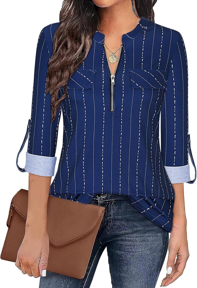 Thumbnail 6 de Gemulate women’s 3/4 sleeve polo floral tunic top with zip-front V-neck