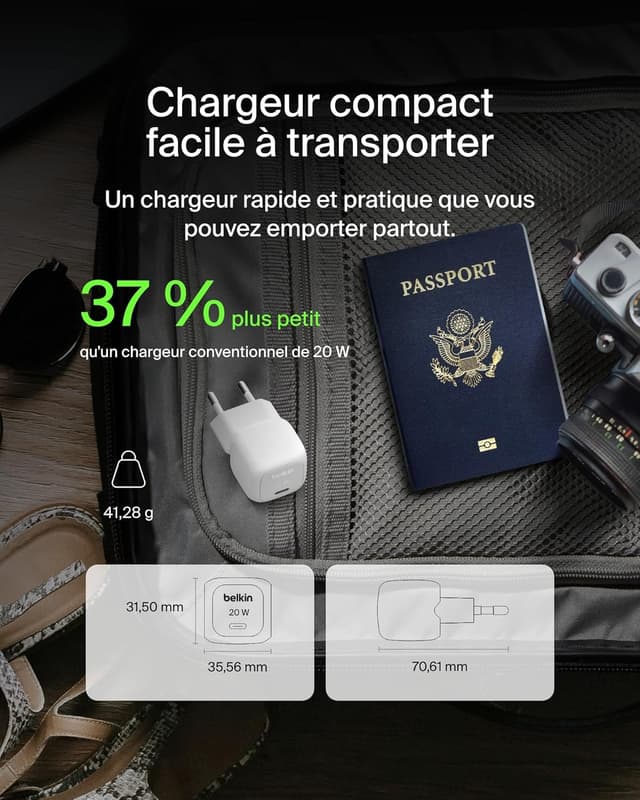 Detalle 2 de Belkin BoostCharge Chargeur USB-C Rapide Cubic 20 W avec USB-C PD 3.1 (Blanc)
