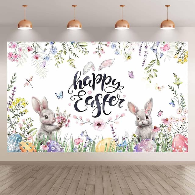 Detalle 2 de Luminora 72x43inch Spring Happy Easter Photography Backdrop (Rabbit, Flowers & Colourful Eggs)