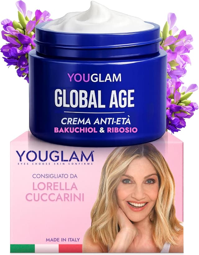 Detalle de YOUGLAM Global Age Crema Viso Antirughe Donna con bakuchiol, acido ialuronico e ribosio – 50 ml