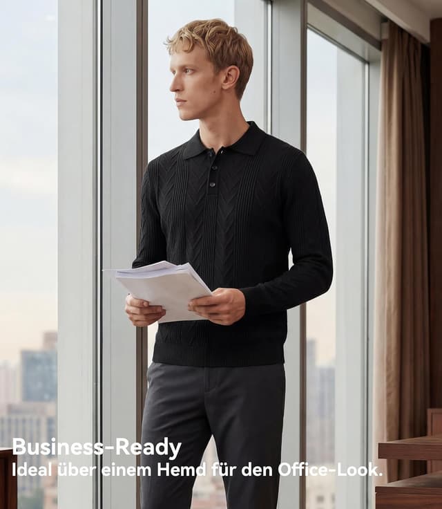 Detalle de GLESTORE Poloshirt Herren Langarm mit Giraffe-Stickerei – Casual Longsleeve