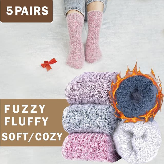 Detalle de ICEIVY Fluffy Fluffy Socks gift set for women – warm wool thermal bed socks, 5 pairs (one size 4–9)
