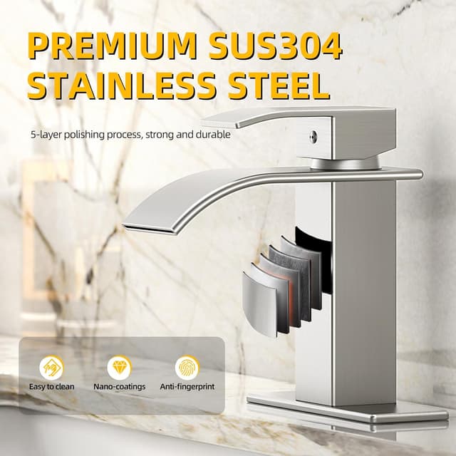Detalle de ryuwanku Ryuwanku Brushed Nickel Waterfall Bathroom Faucet with Single Handle (SUS 304, for 1 or 3 Holes)