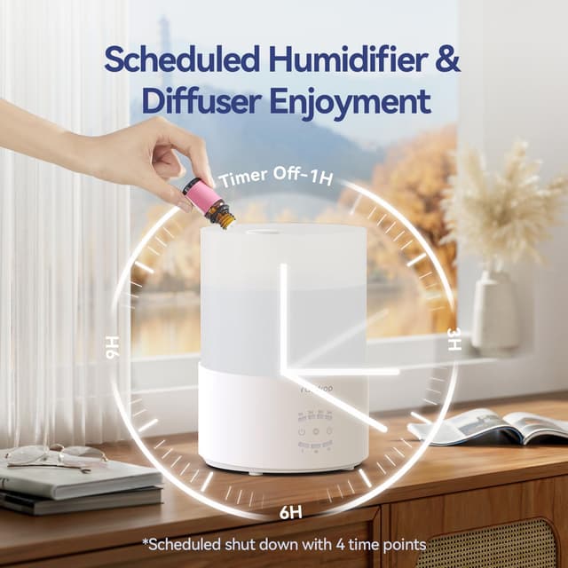 Detalle de Raydrop Raydrop Humidifiers for Bedroom (3.0L cool mist) – Top-fill humidifier with timer, auto shut-off & essential oil diffuser