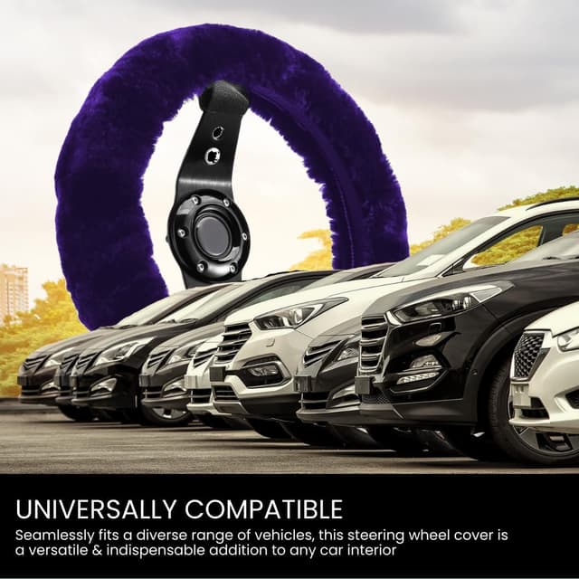 Detalle de Andalus Brands Luxury Fluffy Car Steering Wheel Covers (Genuine Merino Sheepskin) – Dark Purple Universal 14.5–15