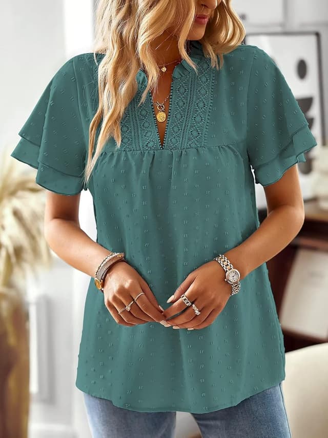 Detalle 1 de TUUHAW Boho V-Ausschnitt Bluse mit Kurzarm