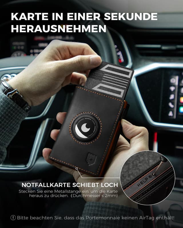 Detalle de DODENSHA AirTag porte-cartes homme avec protection RFID/NFC et porte-monnaie (Noir/orange)