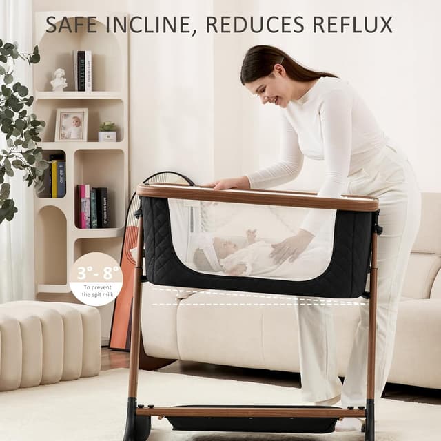 Detalle de ANGELBLISS Electric Baby Bassinet Bedside Sleeper with Auto Rocking (Remote/Touch), 12 Sounds, 6 Heights, Storage & Wheels (Black) with Breathable Mesh