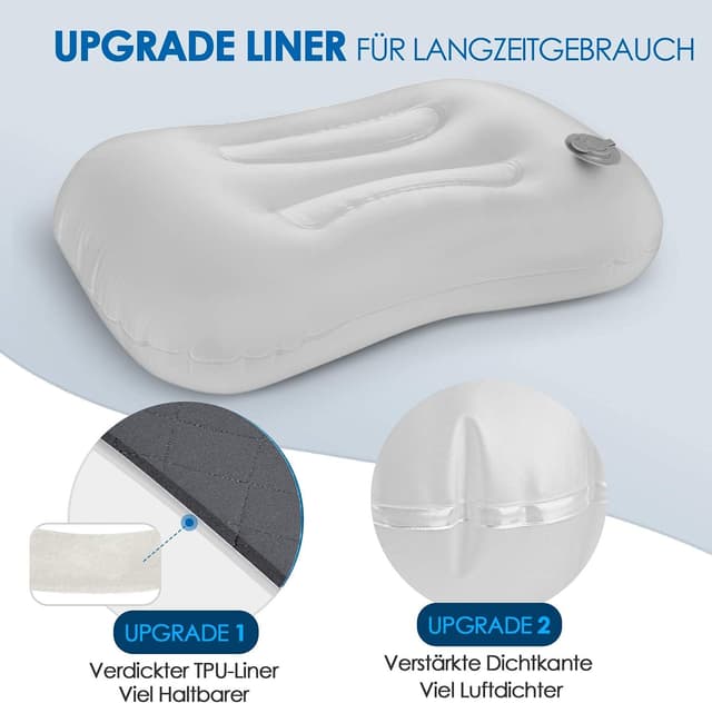 Detalle de HIKENTURE aufblasbares Camping- & Reise-Kopfkissen mit abziehbarem Baumwollbezug (Grau)