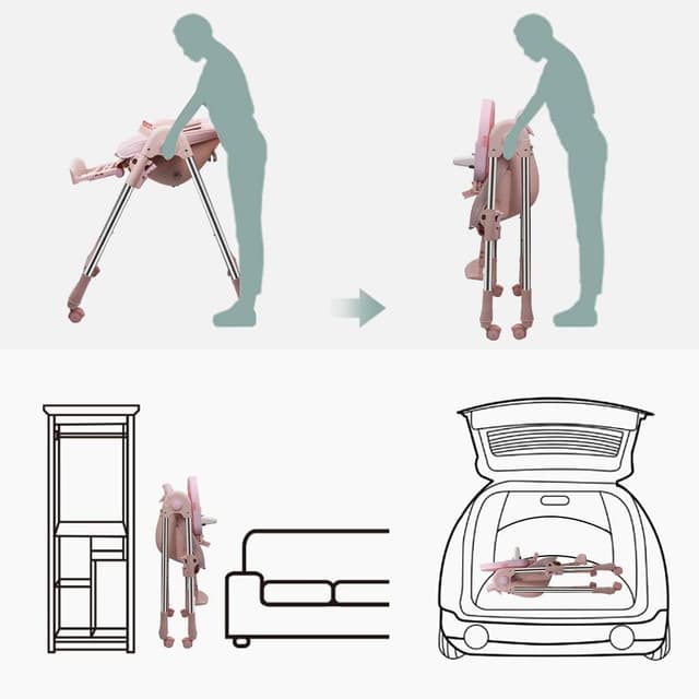 Detalle de OUNUO Chaise Haute Enfant évolutive pliable avec roues et réglages (rose)