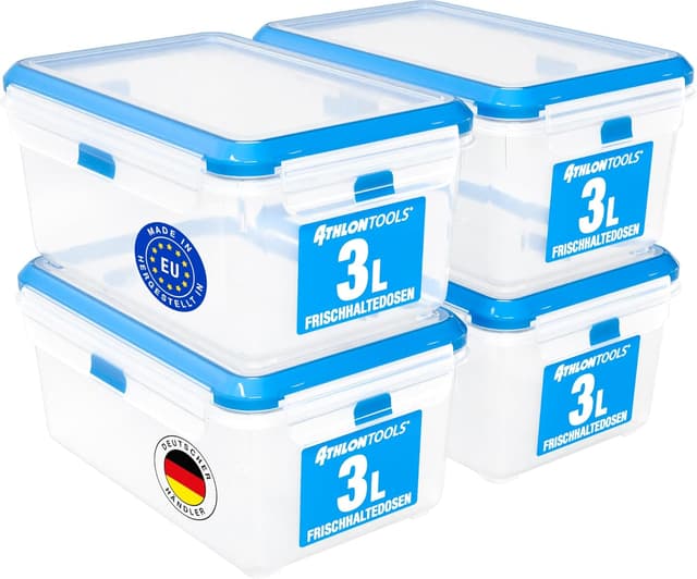 Detalle de ATHLON TOOLS 4x 3L Frischhaltedosen-Set (Gastro-Qualität), 100% luftdicht & auslaufsicher, BPA-frei