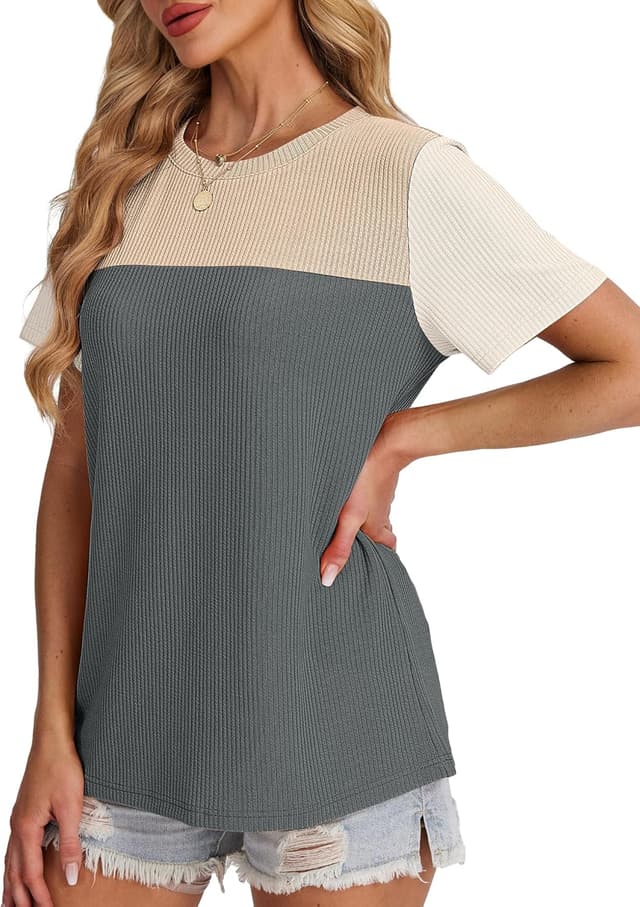 Detalle 2 de WIHOLL Women’s Color Block Short Sleeve Crewneck Knit Shirt (Spring/Summer)