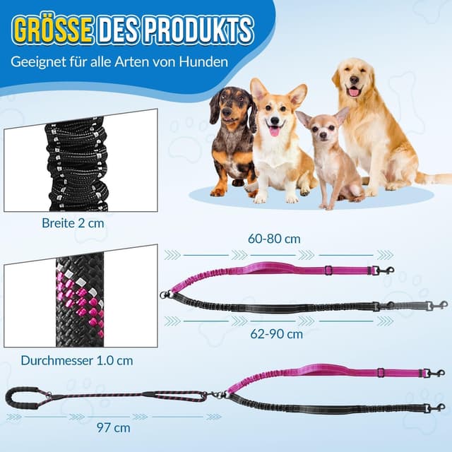 Thumbnail 6 de SlowTon doppelte Hundeleine für zwei kleine Hunde mit 360°-Drehverschluss & Bungee