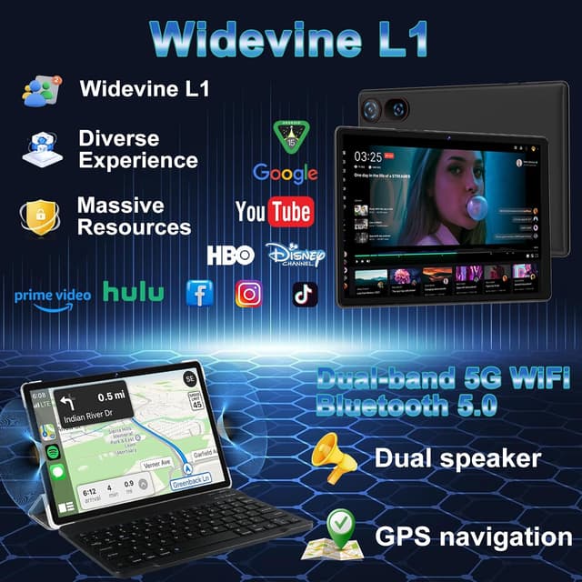 Thumbnail 5 de DMOAO Tablet 10 pollici Android 15 con tastiera e mouse, 5G Wi‑Fi, GPS, 30 GB RAM e 2TB espansione (Nero)