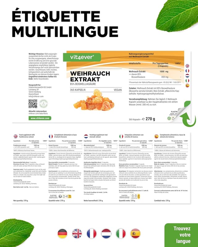 Detalle de Vit4ever Extrait d’encens 365 gélules Premium – 85% d’acide boswellique (1000 mg/jour, vegan)