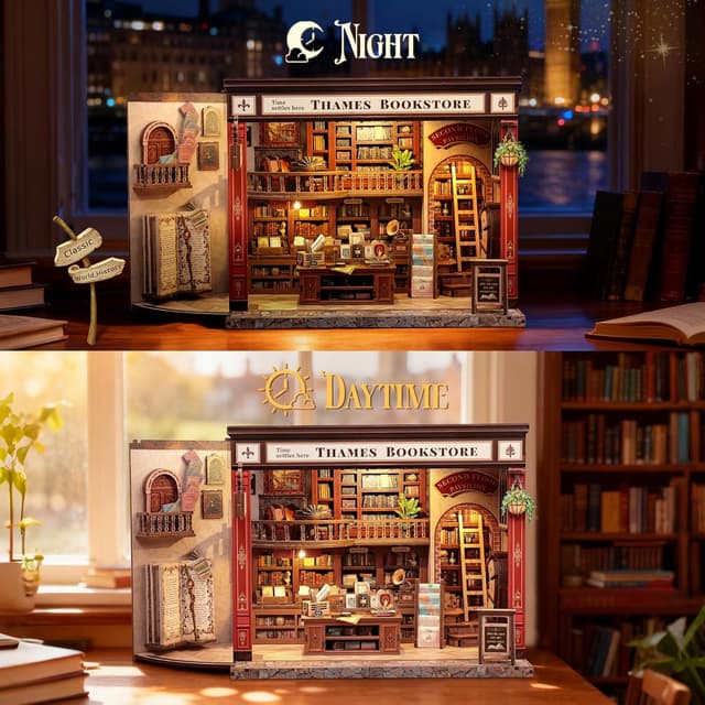 Detalle de CUTEBEE Book Nook Kit – Miniatur-Puppenhaus (Thames Bookstore) mit LED-Licht