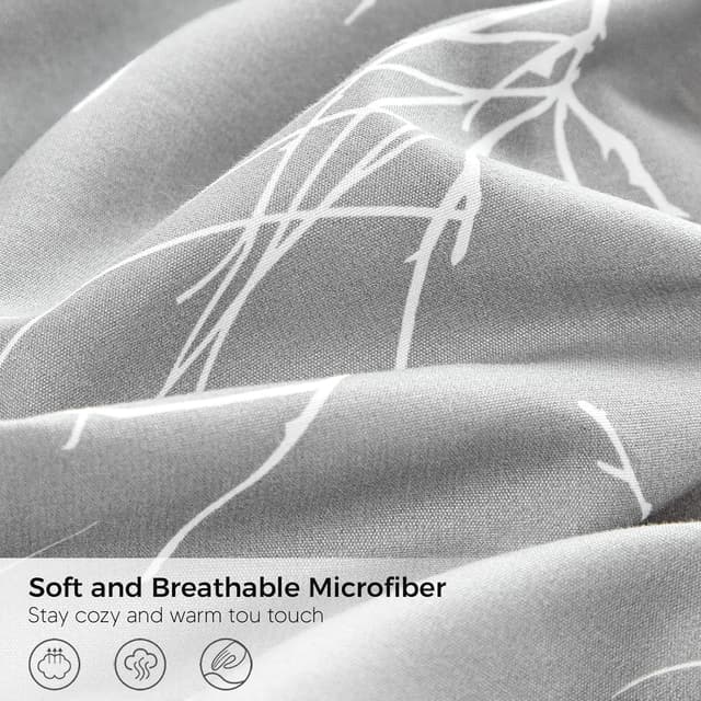 Detalle 2 de Tokokimo 4PCS King Size Duvet Cover Set with Fitted Sheet and Pillowcases (Botanical Branches, Grey) – Microfibre bedding