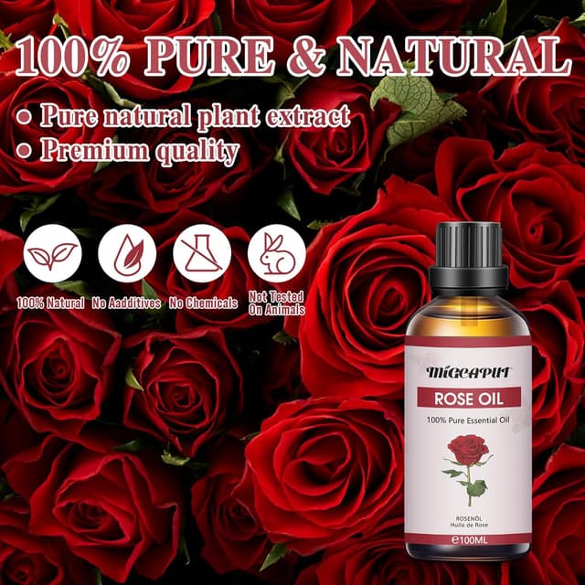 Detalle 2 de Migcaput Rosenöl ätherisches Öl (100 ml) – 100% reines Natur-Rosenöl für Duft, Diffuser & Hautpflege