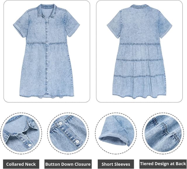 Detalle de GRAPENT Denim Dress for Women Babydoll Tiered Short Sleeve Button-Down Jean Shirt Dress