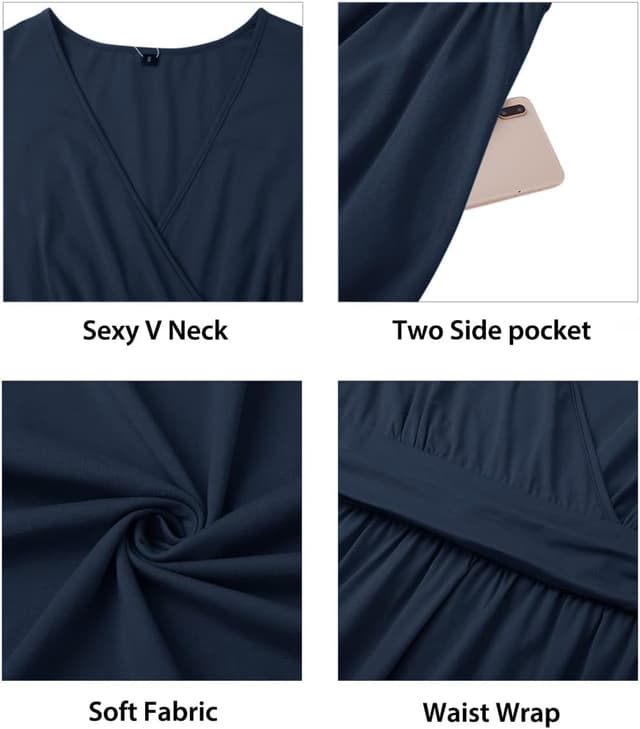 Detalle de STYLEWORD Damen Sommerkleid mit Wickeloptik, V-Ausschnitt & Taschen