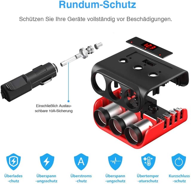 Detalle 2 de SONRU Auto Ladegerät Adapter 3 Fach KFZ USB