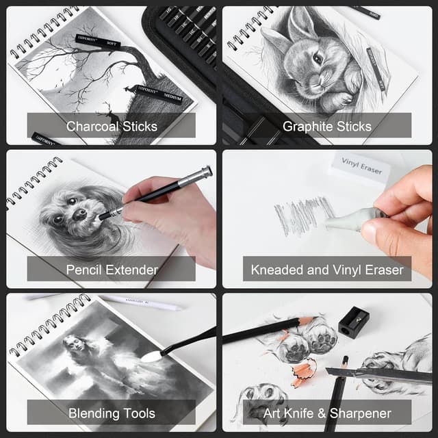 Detalle 1 de HIFORNY 42-piece Drawing Set with graphite & charcoal pencils, blending tools and travel case