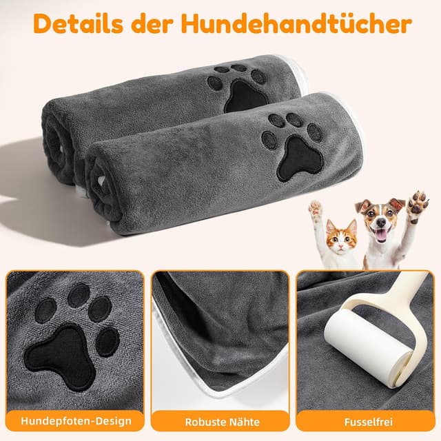 Detalle 2 de 2er-Set Hunde-Handtücher aus Mikrofaser (extra saugfähig), mit Aufhänge-Schlaufe – für kleine bis große Hunde