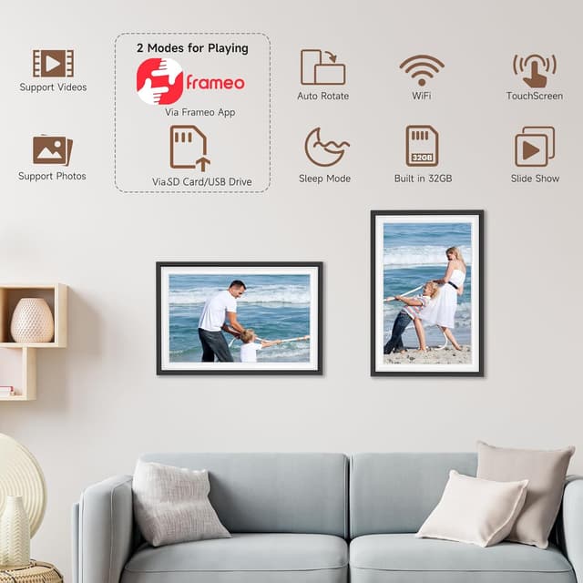 Detalle de BIGASUO Frameo WiFi Digital Photo Frame 10.1 Inch (Black/White) with Touch Screen, 32GB & Auto Rotate