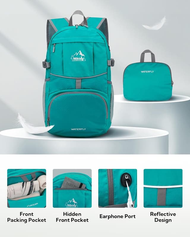 Detalle de WATERFLY faltbarer Ultraleicht-Rucksack (25 l) – 300 g Tagesrucksack für Wandern & Reisen