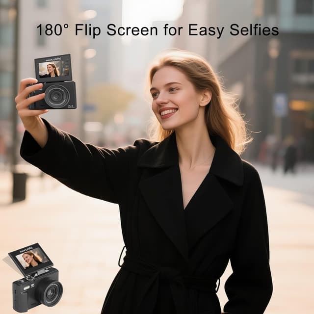 Detalle de Digitalkamera 5K 75MP mit WiFi & 18x Digitalzoom, 3,0" Klappdisplay 180° – Kompaktkamera für Foto, Reisen & Vlogging