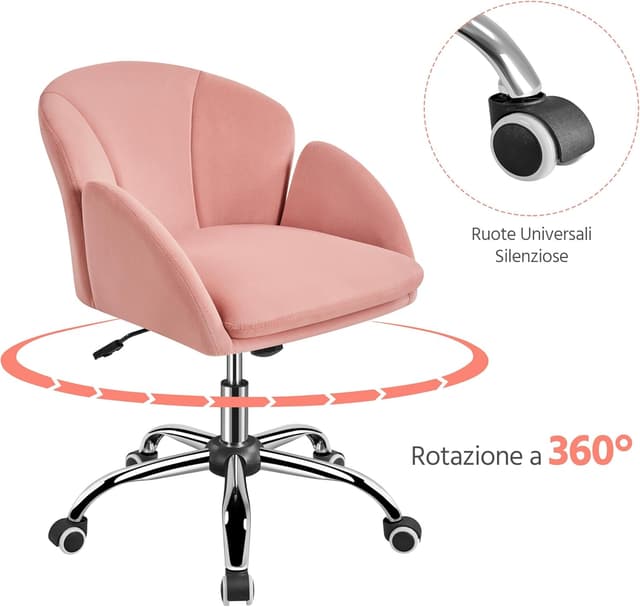 Thumbnail 6 de Yaheetech sedia ufficio poltroncina in velluto imbottita reclinabile rosa chiaro, altezza regolabile con ruote
